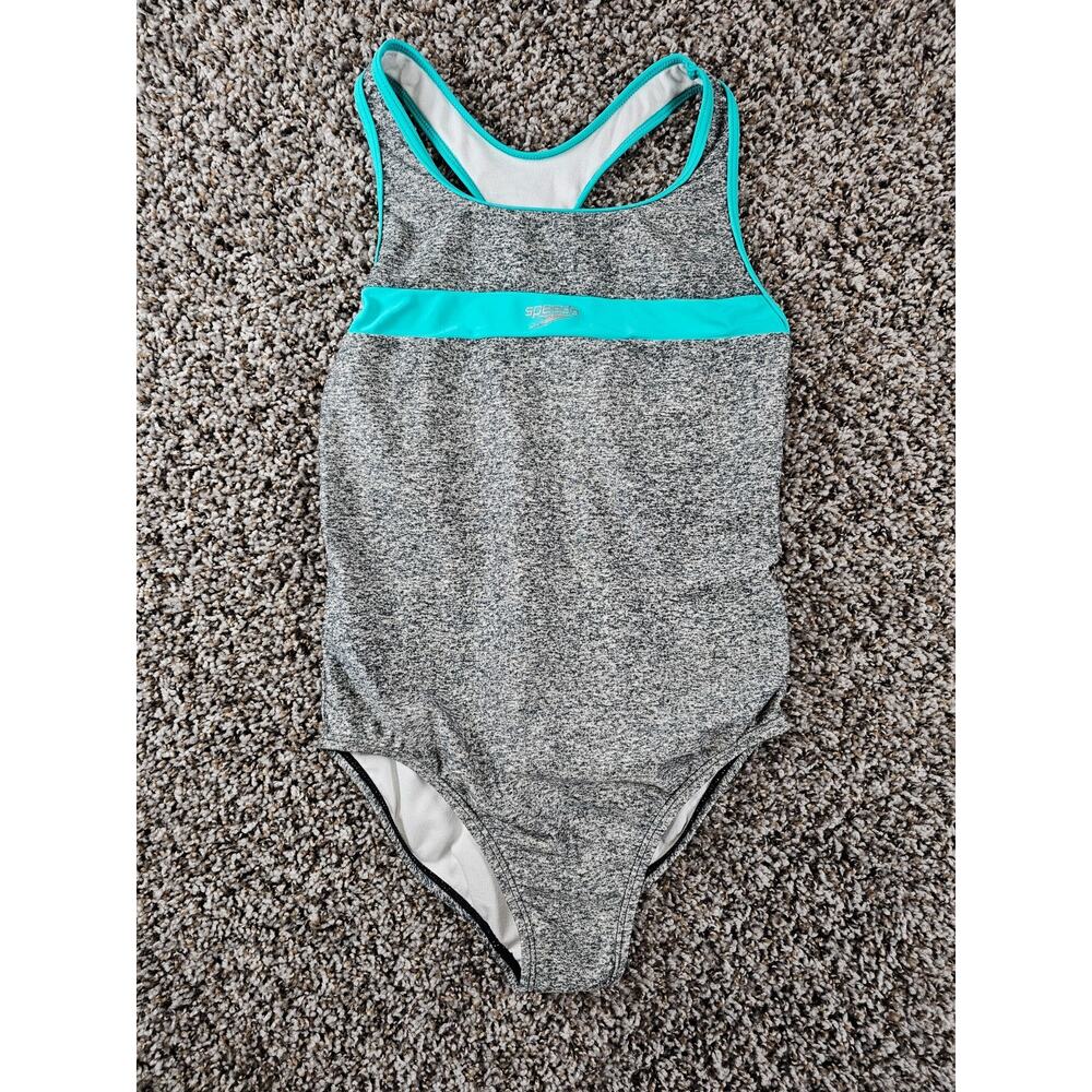 Speedo Girls Sz L One Piece Swimsuit Gray w/ Teal Details